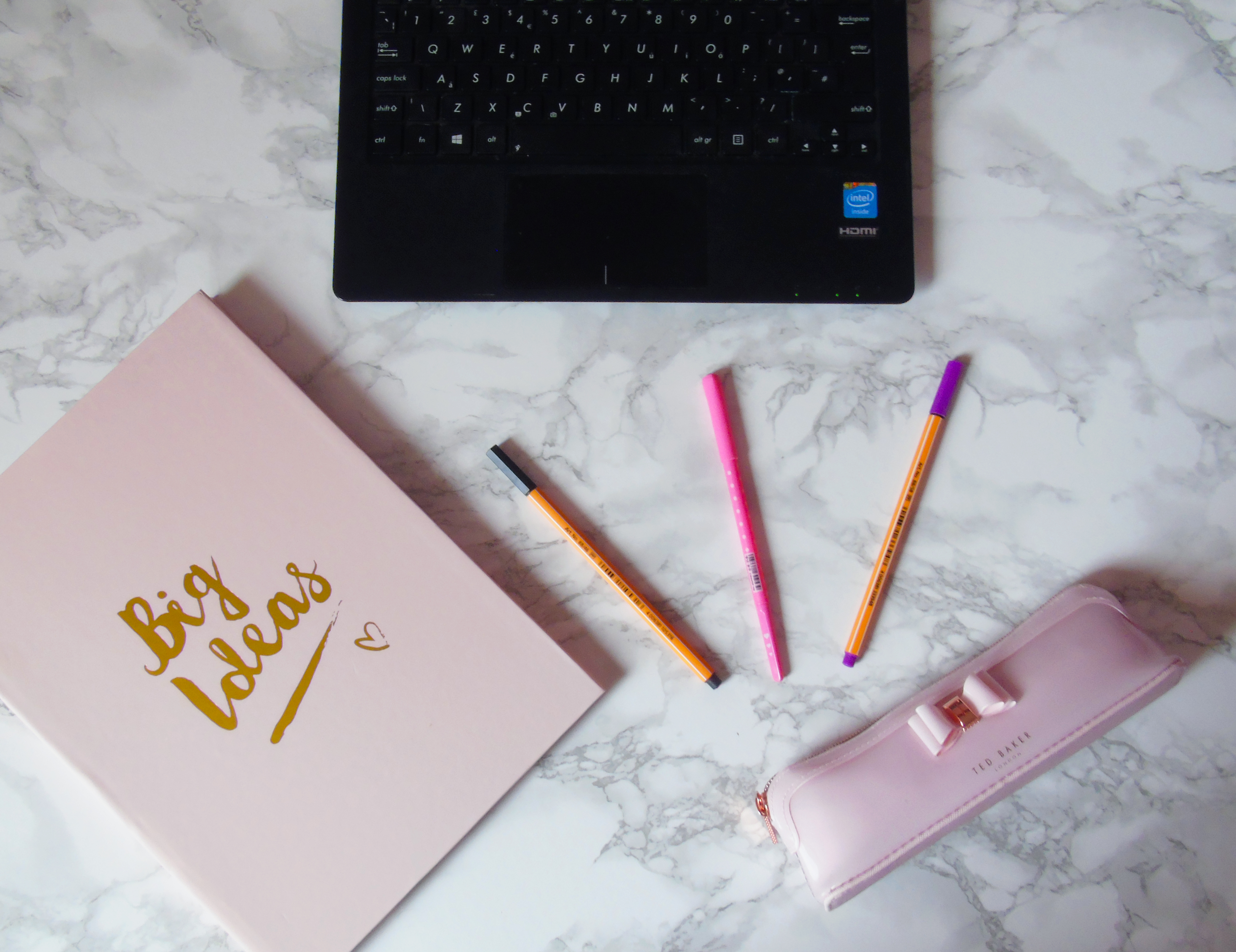 Laptop, Notebook and pens